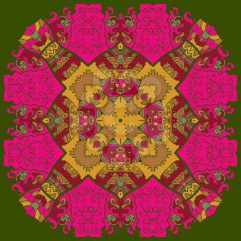Oriental pink and violet mandala motif round lase pattern on the green background, like snowflake or mehndi paint