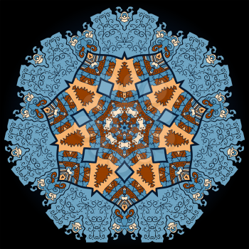 Oriental mandala motif round lase pattern on the black background, like snowflake or mehndi paint in blue color
