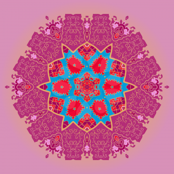 Oriental mandala motif round lase pattern on the pink background, like snowflake or mehndi paint in red and blue