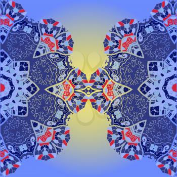 Oriental mandala motif half round lase pattern on the blue background, like snowflake or mehndi paint in blue color