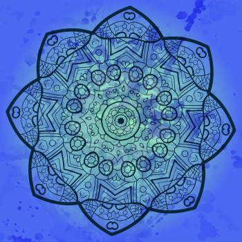 Oriental blue mandala motif round lase pattern on the black background, like snowflake or mehndi paint in blue color