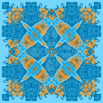 ornamental lace pattern, circle background with many details, looks like crocheting handmade lace, seamless in blue colors
