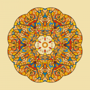 Fish. Oriental Yellow mandala motif round lase pattern on the black background, like snowflake or mehndi paint on yellow color background