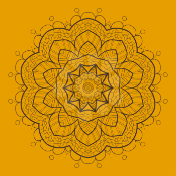 Oriental mandala motif round lase pattern on the yellow background, like snowflake or mehndi paint of orange color. Ethnic backgrounds concept