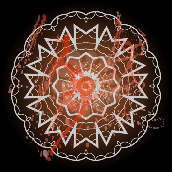 Oriental mandala motif round lase pattern on the black background, like snowflake or mehndi paint in light color with watercolor element on backdrop. What is karma?