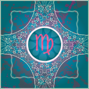 zodiac sign Virgo. What is karma? Vector circle with zodiac signs on ornate wallpaper. Oriental mandala motif square lase pattern, like snowflake or mehndi paint. Watercolor elements on background