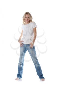 pretty blond women on white background. Weared in jeans and white shirt