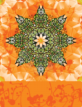 Green stylized flower over bright orange background.