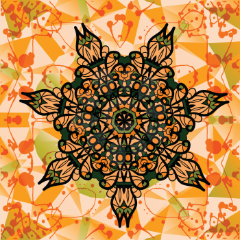 Colorful mandala over multicolored background of triangles