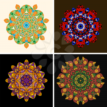 Indian ornament, kaleidoscopic floral pattern, mandala. Set of four ornament lace. Bright circle patterns. Ornamental round floral pattern. Set of four colorful ornament
