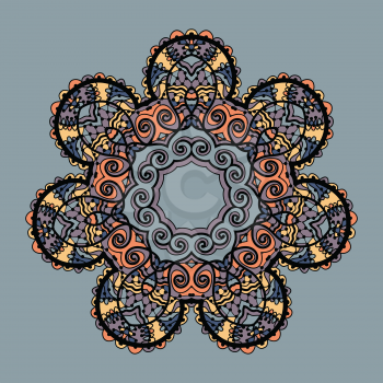 Stylized mandala. Round Ornamental Pattern over gray background. Tribal style design. Asian motif.
