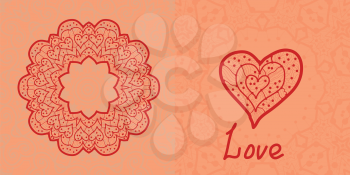 Love card. Valentine flayer template. Wedding invitation. Mandala like stylized flower and heart shapes, asian motif