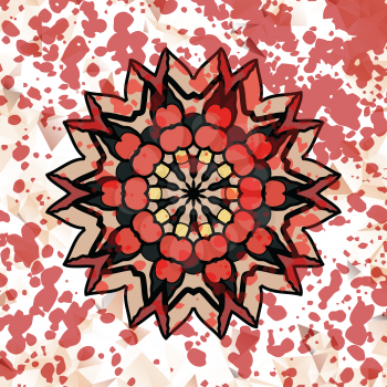 Stylized watercolor abstract design element, mandala ornament with red paint splashes over