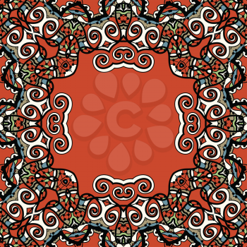 Mandala frame red color. Kaleidoscopic ornament with place for text in the center.