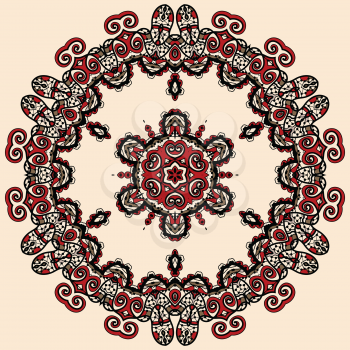 Round mandala in red and loght brown color. Vintage asian liginoru motif.
