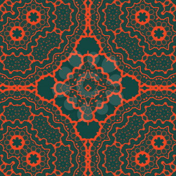 Seamles tribal Tibet like art pattern. Red symmetry lines over green background.