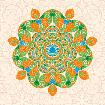 mandala ornament with space for your text. Vector image in green and orange colors
