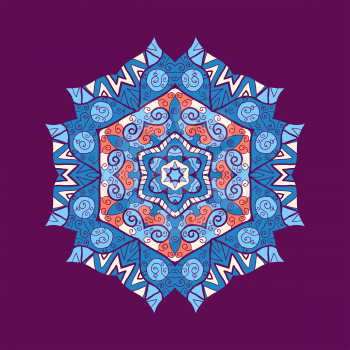Blue mandala ornament with space for your text. Vector image on violet color