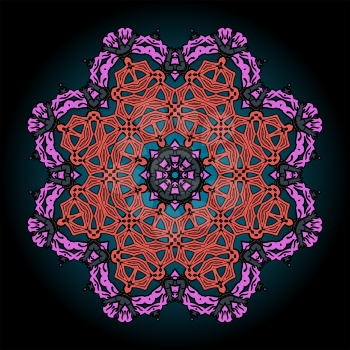 Mandala in pink and red over black background with gradient. Tribal vintage element for template