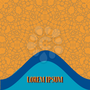 Flyer Cover Design with two bended blue lines with copyspace and mandala-like ornament as background.  Retro Ornate Mandala based design  for greeting card, Brochure, Card or Invitation with Islamic, 