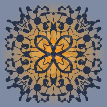 Symmetrical pattern made of blobs. Ink pattern on gray and orange background.