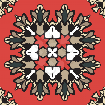 Colorful ornament of square mandala on a dark red background. Template of oriental carpet, shawl, textile, fabric, wrapping paper. Persian style art.