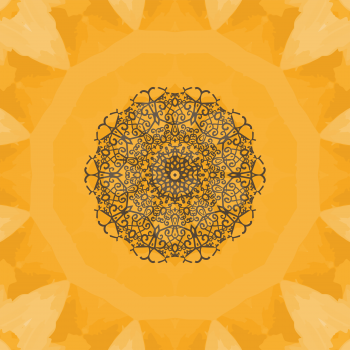 Hand-drawn mandala flower. Elegant mandala-like pattern on yellow seamless watercolor texture. Ornamental round seamless lace pattern. Abstract vector tribal ethnic yoga yantra background seamless mot