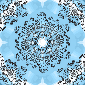 Seamless oriental Mandala Print on blue watercolor background. Ornament card with mandala. Geometric circle element made in vector. Kaleidoscope,  medallion, yoga, india, arabic design.