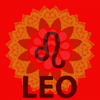 Leo. The Lion. Zodiac icon with mandala print. Vector icon.