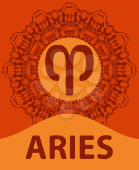 Aries. The Ram. Zodiac icon with mandala print. Vector illustration.