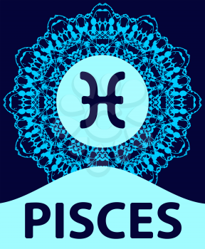 Pisces. The Fish. Zodiac icon with mandala print. Vector illustration.