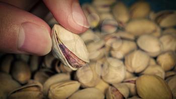 Seller fingers is holding one of Pistachios over the full surface of it.