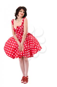 woman pin-up in red dress isolated on white background