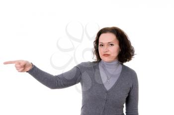 mid adult woman shows a hand something isolated on white background