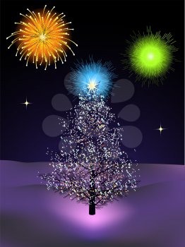 Royalty Free Clipart Image of Fireworks Above a Christmas Tree