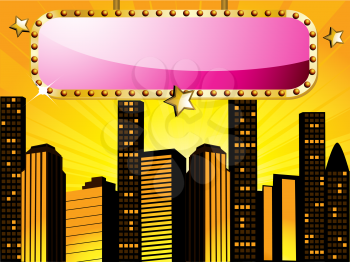 Royalty Free Clipart Image of a Sign in Front of a Sunset City Skyline