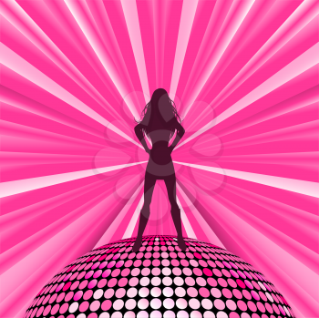 Royalty Free Clipart Image of a Woman Standing on a Disco Ball