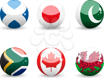 Royalty Free Clipart Image of Spheres With the Flags of Scotland, Japan, Pakistan, South Africa, Canada and Wales