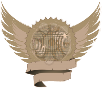 Royalty Free Clipart Image of a Grunge Shield and Winged Disco Ball