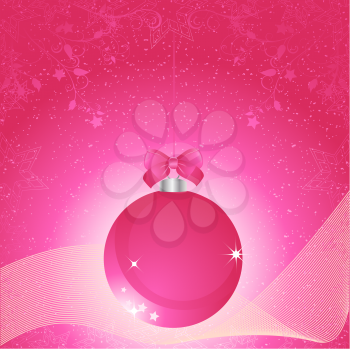 Royalty Free Clipart Image of a Pink Bauble on a Floral Background With Snowflakes