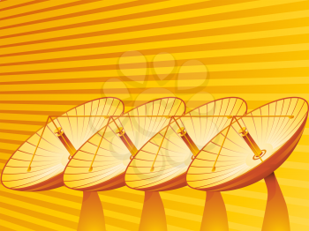 Royalty Free Clipart Image of a Retro Background With Orange Satellite Dishes