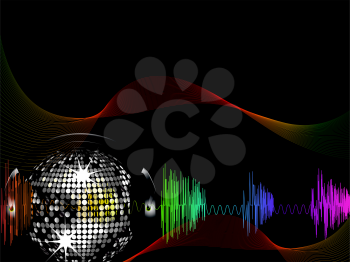 Royalty Free Clipart Image of a Sparkling Disco Ball and Equalizer Background 