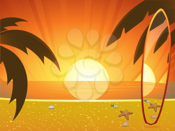 Royalty Free Clipart Image of a Tropical Sunset Beach Landscape