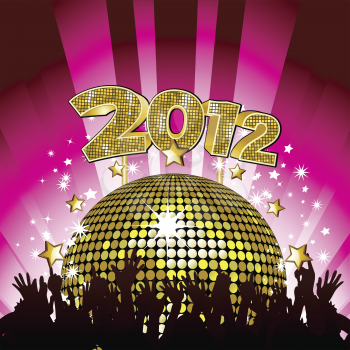 New Year party background with crowd cheering in front of gold disco ball and 2012 sign