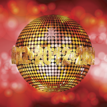 Sparkling gold 2012 disco ball on a glowing red background