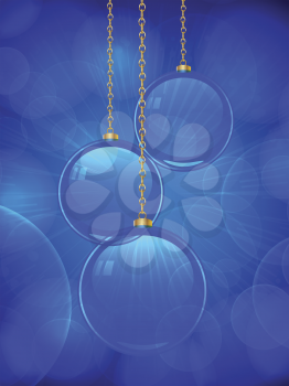 Blue glass christmas baubles on a glowing background