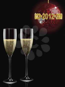 Champagne filled flutes under a sparkling red disco ball with a gold 2012 mosaic sign
