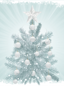 Christmas tree with white star and baubles on a green starburst background with grunge border