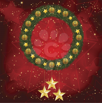 Christmas wreath with gold decorations and hanging stars on a glowing red background