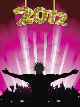New Year background with DJ entertaining crowd on a pink background
